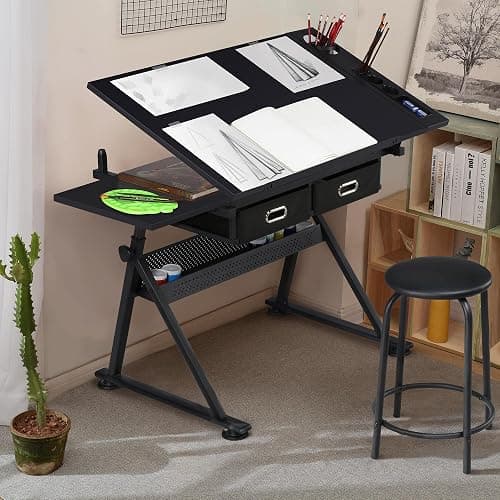 Yaheetech Drafting Table for Artists, Height Adjustable Drawing Desk Art/Craft Desk Diamond Paintings Work Station w/ 2 Storage Drawers and Stool for Home Office School, Black - Black - Large thumbnail 2