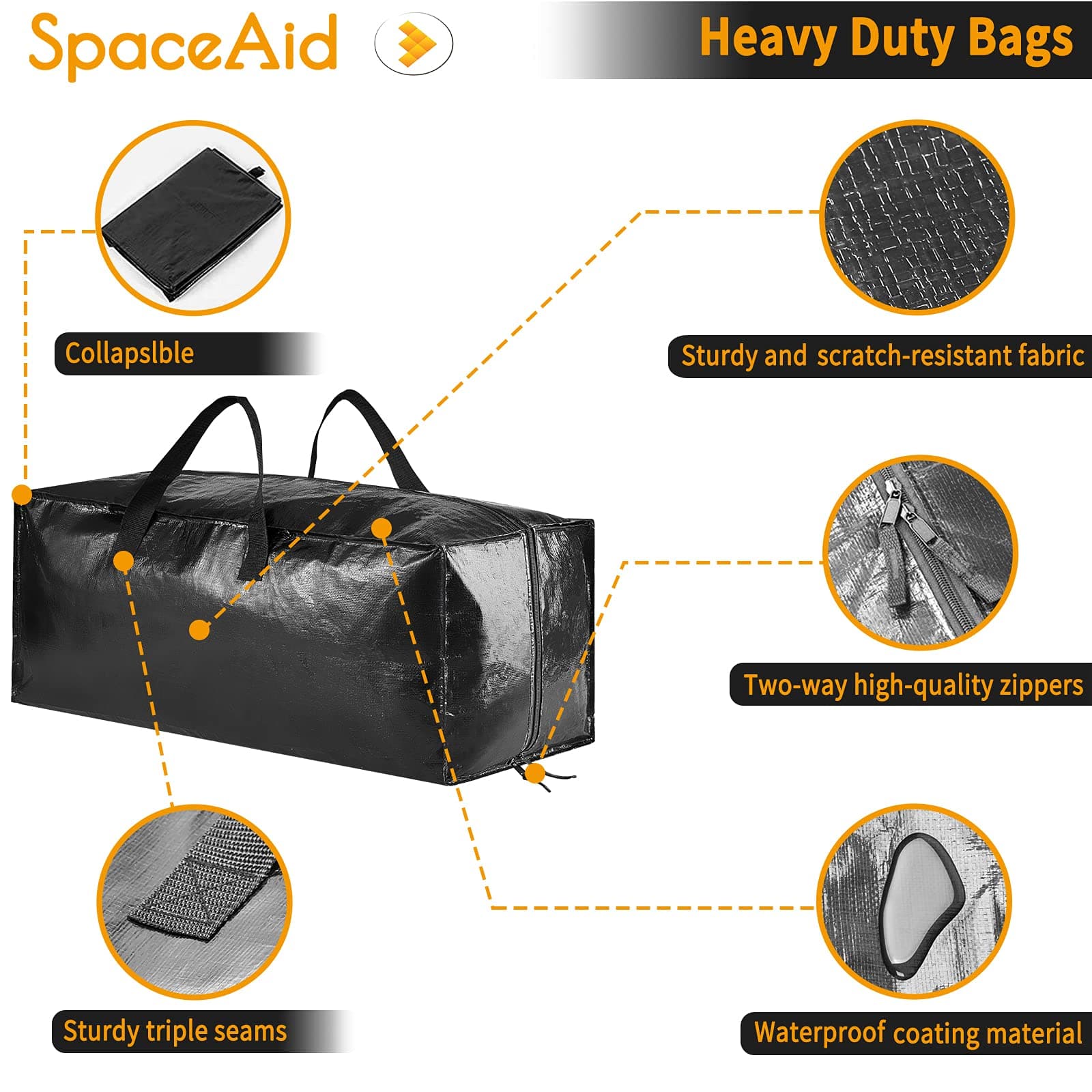 SpaceAid Heavy Duty Moving Bags, Extra Large Storage Totes With Backpack Straps, Strong Handles & Zippers - Alternative to Boxes, Packing Supplies, Black (8 Pack) thumbnail 6