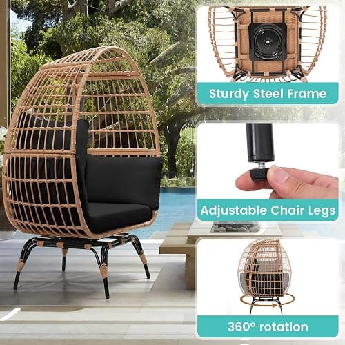 Murago 360°Swivel Indoor/Outdoor Oversized Rattan Egg Chair | Patio Wicker Egg Chair with Overstuffed Cushions, 440lb Weight Capacity, Natural/Black thumbnail 5
