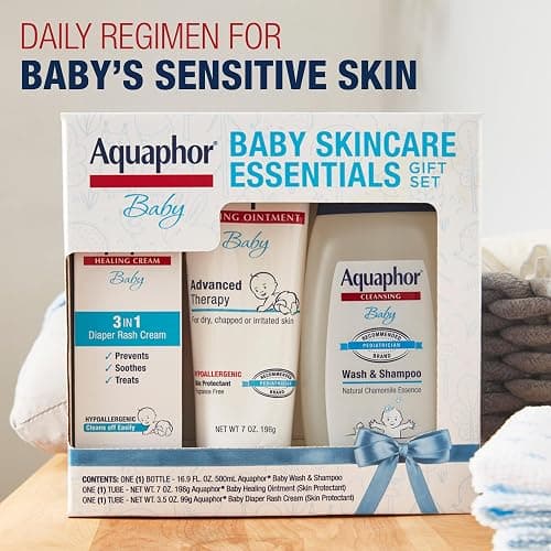 Aquaphor Baby Skin Care Essentials Gift Set with Baby Wash and Shampoo (16.9 Fl Oz) + Healing Ointment for Chapped Skin and Drool Rash (7Oz) + Diaper Rash Cream (3.5Oz), Hypoallergenic thumbnail 2