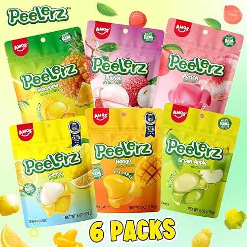 Amos Peelerz Peelable Gummy Candy–Assorted Fruit Flavors(Lychee, Mango, Peach, Lemon, Pineapple, Green Apple)-6 pack, Made with Real Fruit Juice, Soft Chewy Texture, Fun Peel-and-Eat Snacks, 36oz thumbnail 2