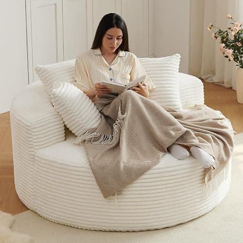 Oversized Round Chair Lounge Chaise Indoor, Upholstered Corduroy Deep Seat Cloud Large Circle Sofa Chair, No Assembly Required, Fluffy Modern Sleeper Sofa Bed for Reading, Living Room, Bedroom, White thumbnail 7