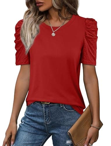 WIHOLL Summer Tops for Women Puff Sleeve Crewneck T Shirts Dressy Casual Blouses Spring Outfits Fashion Clothes thumbnail 4