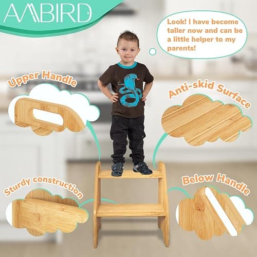 AMBIRD Wooden Step Stool, 15.75'' H Potty Training Toddler 300 lbs Capacity with Safety Non-Slip Pads and Handles, Kitchen Step Stools for Kids, Bamboo Step Stool for Bathroom, High Beds (Natural) thumbnail 3