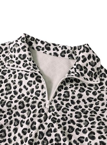 Hilinker Womens Cheetah Print Oversized Sweatshirt Half Zip Pullover Corduroy Long Sleeve Tops thumbnail 4