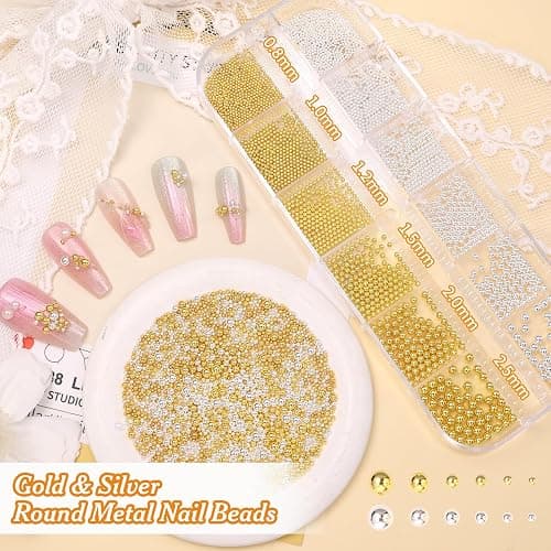 2 Boxes Nail Chain Charms and Round Beads for Nail Art, Gold Silver Line Nails Art Chains Mixed Sizes Round Caviar Steel Ball Nails Accessories for Acrylic Nails Tips Manicure Decor thumbnail 2