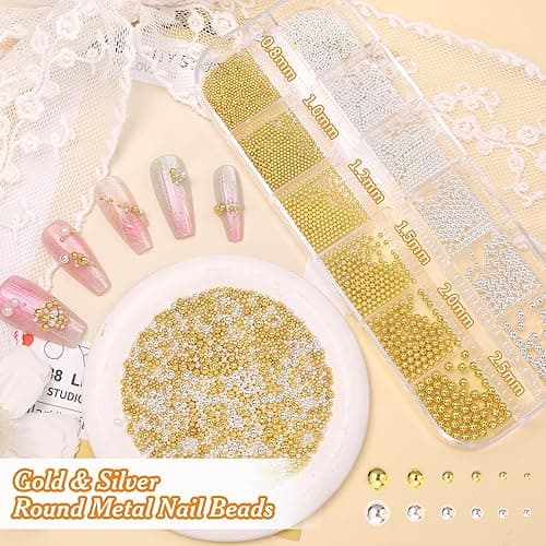 2 Boxes Nail Chain Charms and Round Beads for Nail Art, Gold Silver Line Nails Art Chains Mixed Sizes Round Caviar Steel Ball Nails Accessories for Acrylic Nails Tips Manicure Decor thumbnail 3