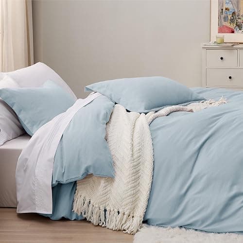 Bedsure Sky Blue Duvet Cover Queen Size - 3 Pieces Prewashed Cotton-Like Extra Soft Bedding Set, Includes 1 Duvet Cover 90x90 Inches with Zipper Closure & 2 Pillow Shams, Comforter Not Included thumbnail 4