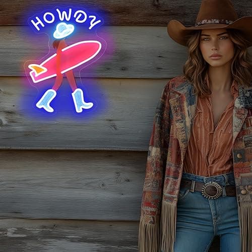 Howdy and Aloha Cowgirl Surf Girl Neon Sign, Howdy Cowgirl wall decor LED Light, Girly Wall Art Neon Sign, Coastal Cowgirl Brown Haired, 11.9"x16.5" thumbnail 7
