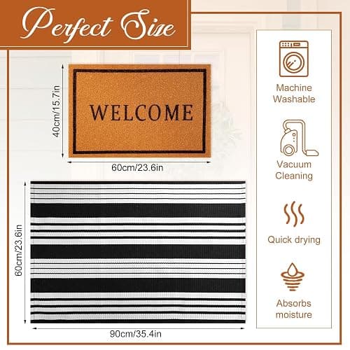 Maasechs 2 Pcs Welcome Doormat 24'' x 35'' Black White Stripes Outdoor Rug and 24'' x 16'' Coir Doormat Non Slip Layered Floor Mat for Outside Entrance Front Porch(Welcome) thumbnail 3