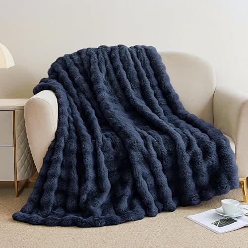 Faux Rabbit Fur Throw Blanket for Couch, Fluffy Warm Plush Thick Bubble Blanket for Bed Sofa Living Room, Soft Cozy Furry Blanket, 50x60 inches, Navy Blue thumbnail 5