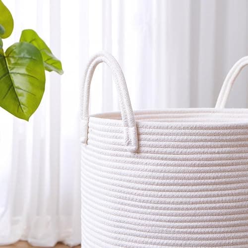 MOJOSCEND 60L Pure White Woven Hamper Laundry Basket Cotton Rope Blanket Basket for Living Room 20 inches Tall Clothes Hamper for Baby Nursery Kids in Bedroom thumbnail 5