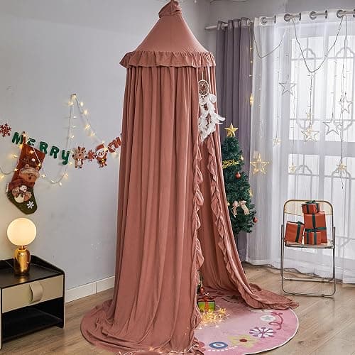 VETHIN Bed Canopy for Girls,Princess Round Dome Dreamy Mosquito Net Bedding Girls Room Castle Play Tent Hanging House Decor Reading Nook Canopies (JujubeRed) thumbnail 7