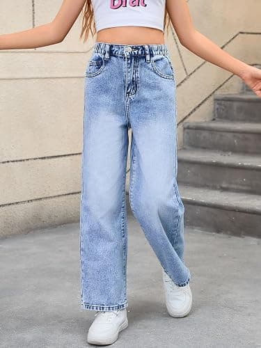 WDIRARA Girl's Bow Print Back Zipper Fly Elastic High Waist Denim Pants Basic Wide Leg Jeans thumbnail 2