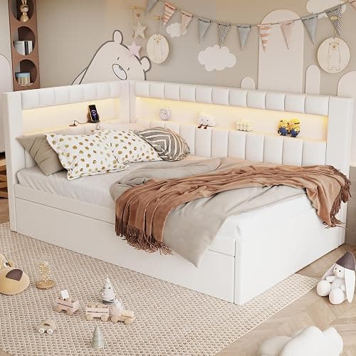 MKABAK Twin Size Daybed with Trundle and L-Shaped Bookshelf Headboard, Linen Upholstered Soft Corner Bed with Storage Shelves, Charging Station and LED Belt for Kids Boys Girls, White thumbnail 5