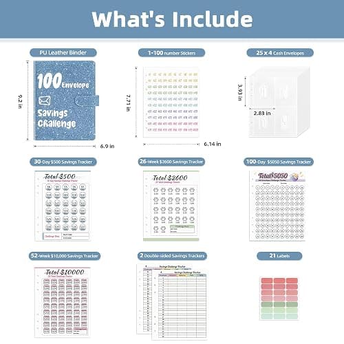 Ospelelf 100 Envelopes Money Saving Challenge Budget Book, 52 Week Budget Binder with Cash Envelopes to Save $10,000, Glitter Teal thumbnail 2