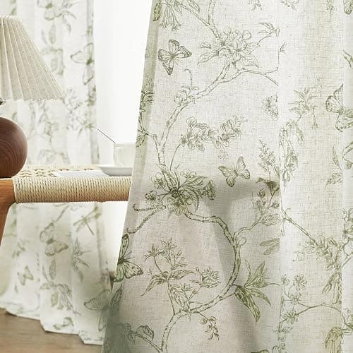 Lazzzy Linen Farmhouse Curtains Green Floral Curtains 63 Inch Length Drapes for Living Room Bedroom Pattern Light Filtering Country Vintage Curtain Grommet Top, 2 Panels, Green on Beige thumbnail 4
