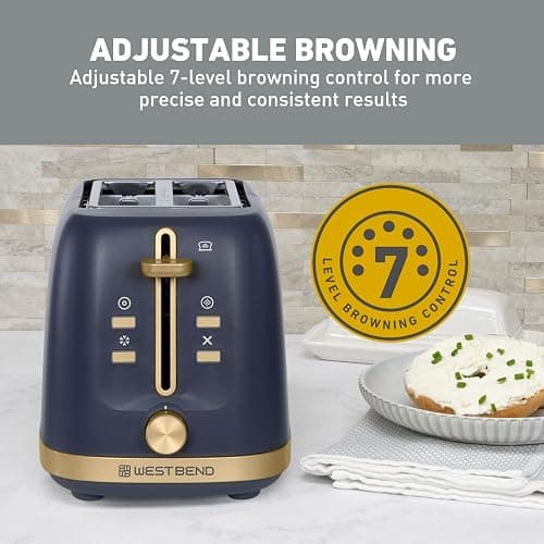 West Bend Timeless 2-Slice Toaster with 7 Browning Levels, Bagel/Waffle/Defrost Settings, High-Lift Lever, Anti-Jam, Easy-Clean Crumb Tray, 2-Slice, Blue/Gold thumbnail 4
