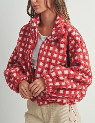 Esmeling Women’s Long Sleeve Cropped Sherpa Fleece Plaid Jacket Casual Chunky Teddy Fleece Outerwear thumbnail 5