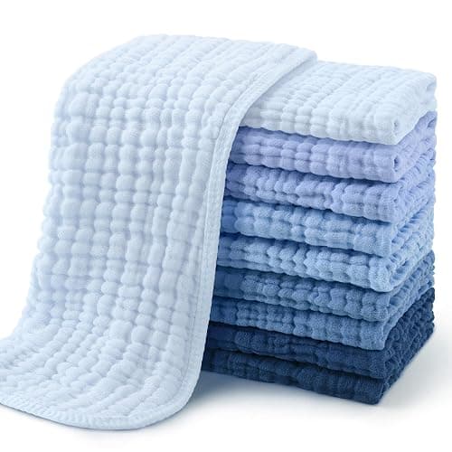 Yoofoss Muslin Burp Cloths for Baby 10 Pack 100% Cotton Baby Washcloths for Boys Girls Large 20''X10'' Super Soft and Absorbent Progressive Blue - Image 1