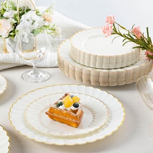 Lullaby 96PCS Ivory Scalloped Plastic Plates with Gold Rim, Disposable Elegant Plates Include 48pcs Dinner Plate 10.25", 48pcs Dessert Plate 7.5", Perfect for Daily Use, Wedding and Party thumbnail 7