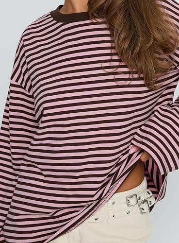 Foidiccx Striped Long Sleeve Shirt Women Y2k Oversized Crewneck Vintage Tops Fall Winter Drop Shoulder Cute Preppy Pullover thumbnail 4