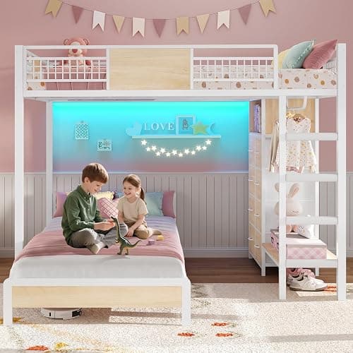 ADORNEVE Full Over Twin Bunk Bed with 8 Storage Drawers, Metal Loft Bed with Led Lights & Storage Shelves, Bunk Beds Twin over Full Size with 13.4" H Safety Guardrail & Ladder, for Kids & Teens, White thumbnail 8