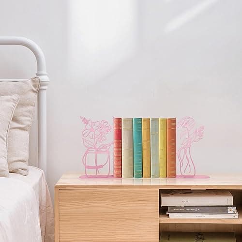 Metal Flower Vase Bookends, Cute Book Ends for Office Home Decor Decorative BookEnds for Shelves, Ideal Gift for Book Lovers(Pink) thumbnail 2