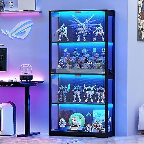BROTTAR Display Cabinet with Glass Doors, 4-Tier Curio Cabinet with 3 Color Lights for Collectibles, Glass Display Case with Human Body Sensor, Bookcase with 4 Shelves, Storage Cabinets, Black thumbnail 8