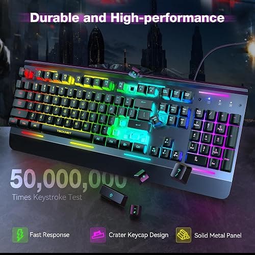 TECKNET Gaming Keyboard, USB Wired Computer Keyboard, 15-Zone RGB Illumination, IP32 Water Resistance, 25 Anti-ghosting Keys, All-Metal Panel (Whisper Quiet Gaming Switch) thumbnail 4