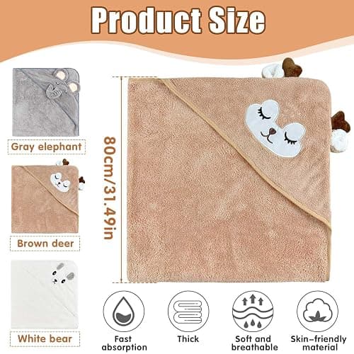 Dafencar Serviette Bebe, 3pcs Serviette Bebe Naissance, Super Absorbantes Serviettes et Sorties de Bain, Cape de Bain pour Piscine, à la Plage, Après la Douche ou Le Bain (80X80 cm) thumbnail 3