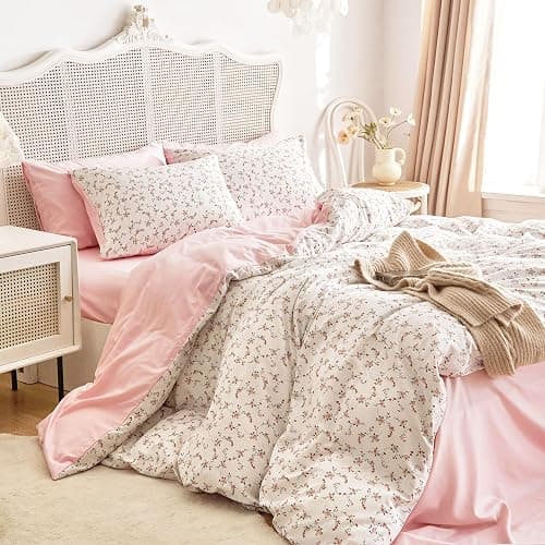 Wake In Cloud - Floral Comforter Set, Coquette Cottagecore Aesthetic Cute Flower Pattern for Women Teen Girls, Soft Lightweight Dorm Bedding, 3 Piece, Pink, Queen Size thumbnail 4