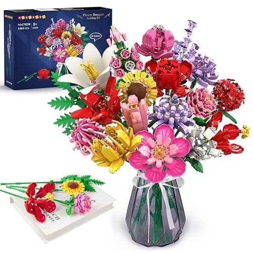 HOGOKIDS Flower Bouquet Set for Adults - 1461PCS Artificial Flowers Botanical Collection | 18 Sticks Ideas Decorative Home Plant Bouquet | Creative DIY Building Block Gift for Teens Girls Ages 8+ - Image 1