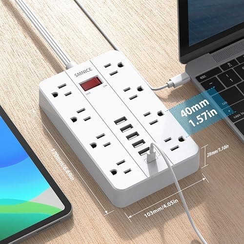 SMNICE Power Strip with USB,Surge Protector Flat Plug with 8 Widely Spaced Outlets and 6 USB Ports(1 USB C), 5ft Extension Cord Wall Mountable Phone Tablet Laptop Computer Multiple Devices thumbnail 5