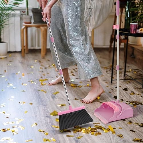 kelamayi Broom and Dustpan Set for Home, Office, Indoor&Outdoor Sweeping, Stand Up Broom and Dustpan (Pink) thumbnail 2
