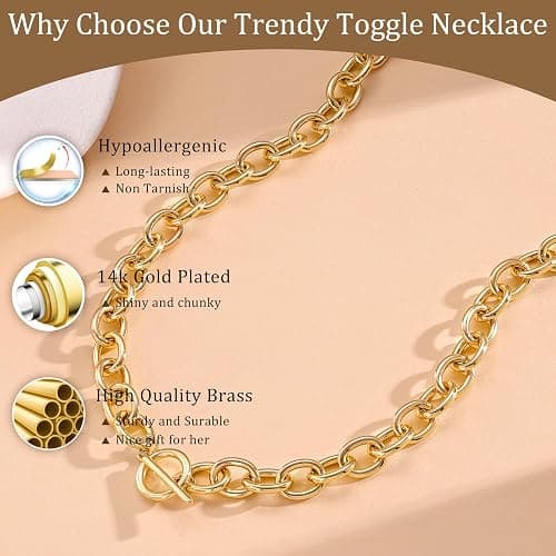 CHESKY 14K Gold Plated Chunky Necklace for Women, Trendy Paperclip Chain Necklace Thick Cross Heart Pendant Necklace Layered Herringbone Cuban Link Chain Toggle Necklaces Non Tarnish Jewelry thumbnail 6