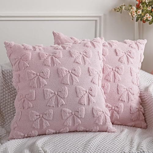 Mixweer Bow Pillow Covers Set of 2 Coquette Room Decor Cute Faux Fur Soft Bowknot Preppy Stuff Fluffy Plush Aesthetic Pillow Covers for Bed Sofa Couch, Fall Christmas Decor(20 x 20 Inch,Pink) - Image 1