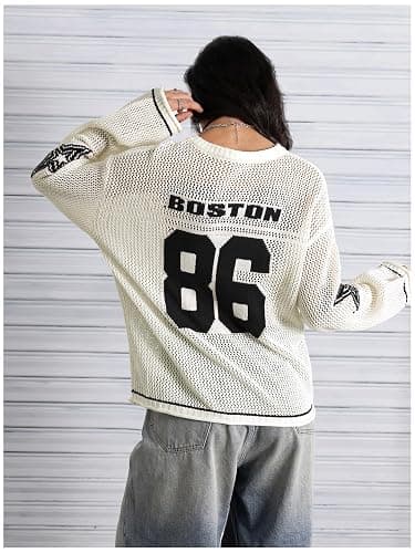 Verdusa Women's Y2k Clothes Going Out Tops Oversized Crochet Jersey Shirts Graphic V Neck Pullover Sweater thumbnail 2