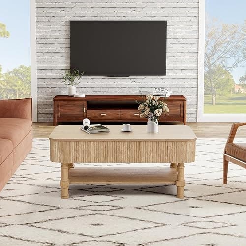 39” Large Lift Top Coffee Table with Hidden Storage Compartment, Fluted Coffee Tables Fully Assembled Wooden Center Table, Mid Century Modern Lift Tabletop Dining Tables for Living Room Office,Natural thumbnail 7