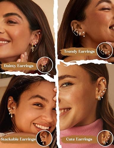 ORAZIO Small Hoop Stud Earrings Stacks for Women 14K Gold Plated Silver Huggie Hoops Cartilage Hypoallergenic Chain Cute Dangle Earrings Set for Multiple Piercings Jewelry thumbnail 2
