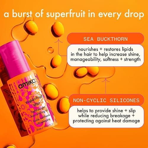 amika superfruit star lightweight hair styling + heat defense oil | heat protection, strengthen + reduce breakage, smooth frizz, add glossy shine | for all hair types thumbnail 5