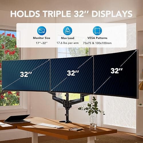 HUANUO Triple Monitor Mount for 17 to 32 inch Screens, Adjustment Gaming Triple Monitor Stand with Swivel, Tilt, Rotation, Clamp & Grommet Kit thumbnail 2