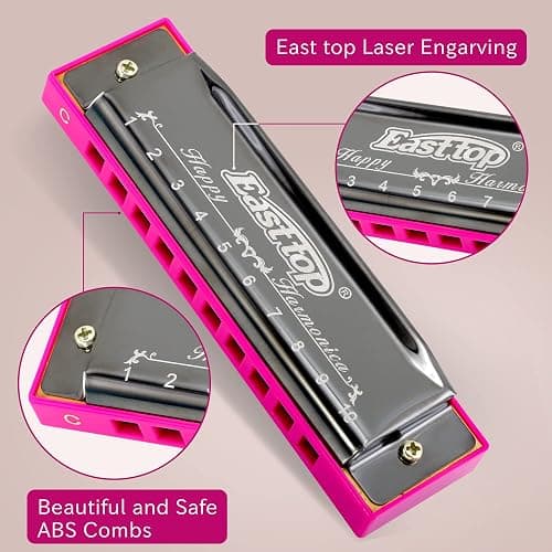 East top Blues Harmonica, Diatonic 10 Holes C Key Happy Harmonica Mouth Organ for Beginner,Kids,Children,Students,Gift,with Carrying Plastic Case,Clean Cloth and Manual thumbnail 2