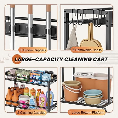 Broom Holder with Cleaning Supplies Organizer, Broom Closet Storage Cabinet with Mop Hanger Gripper Rack Hooks, Cleaning Housekeeping Janitorial Cart with Cleaning Caddy, Laundry Room Organization thumbnail 4