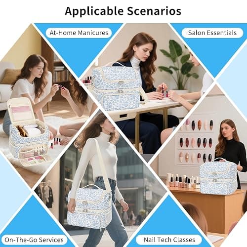 CUBETASTIC Nail Polish Organizer & Storage Bag for 48 Bottles & Full-Size Lamp, Double-Layer Travel Case Box for Nail Supplies, Manicure Kit & Pedicure Tools (Blue Floral, 48 Slots) thumbnail 7