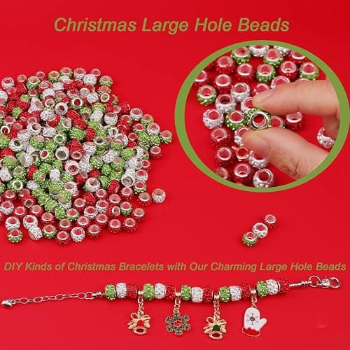 200 Piece Christmas Bead Kit - Large Hole, 180 Rhinestone European Beads, 20 Cute Christmas Pendants for DIY Bracelet Jewelry Making (Red, Green, White) thumbnail 7