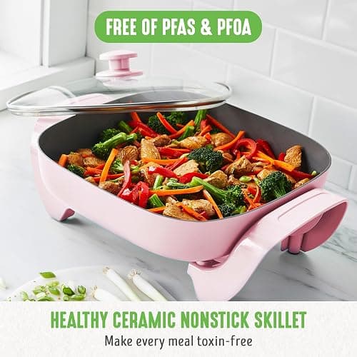 GreenLife12" 5QT Square Electric Skillet, Glass Vented Lid, Ceramic PFAS-Free Nonstick Coated Interior, Adjustable Temperature Control, Cool Touch Handles, Quick Even Heating, Scratch Resistant, Pink - Pink thumbnail 2