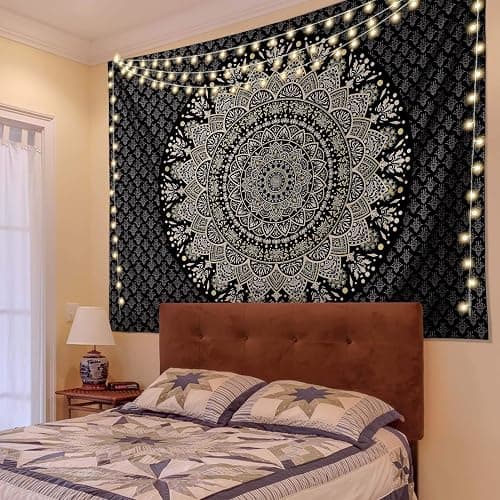 Edeesky Black Golden Mandala Tapestry Wall Hanging Psychedelic Medallion Wall Tapestry Aesthetic Indian Hippie Decor Bohemian Wall Art Boho Home Decoration Blanket for Bedroom,Living Room,Dorm thumbnail 4