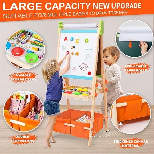 Kids Easel Including 100+ Accessories, Rundad Double Sided Wooden Easel for Kids Age 3-8 with Magnetic Chalkboard & Painting Board, Free Height Adjustable Art Easel Supplies for Toddlers thumbnail 5
