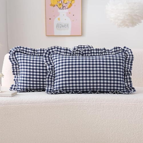 K MASANIJI 2 Pack Navy Blue Plaid Ruffle Gingham Lumbar Pillow Shams, 100% Washed Cotton Linen Feel Checkered Farmhouse Zipper Closure Pillow Covers for Bed/Sofa Zipper Closure - 20"x12" - Image 1